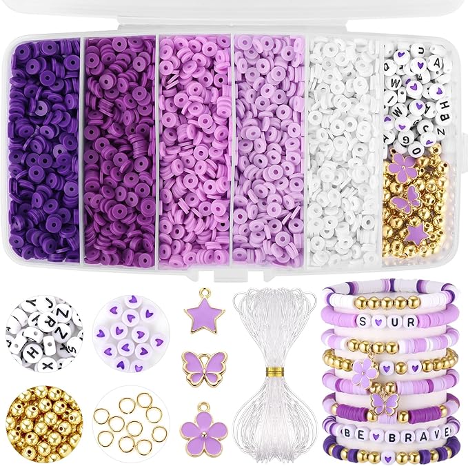 Purple Clay Beads, Purple Beads for Jewelry Making, 5000Pcs Heishi Beads for Friendship Bracelets Making Kit with Charms Letter Gold Beads, Party Birthday DIY Crafts for Women(6mm, 5 Colors)