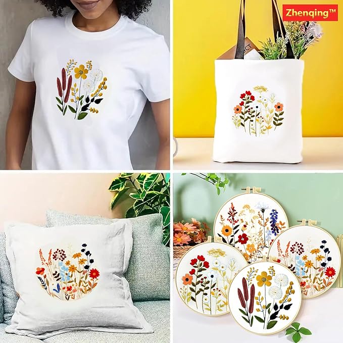 Zhenqing Floral Embroidery Kit - 4 Piece 29x29cm Round Hoop Art Set with Pre-Printed Cotton Fabric, Embroidery Hoop, Threads & Tools for Beginners (C0010)