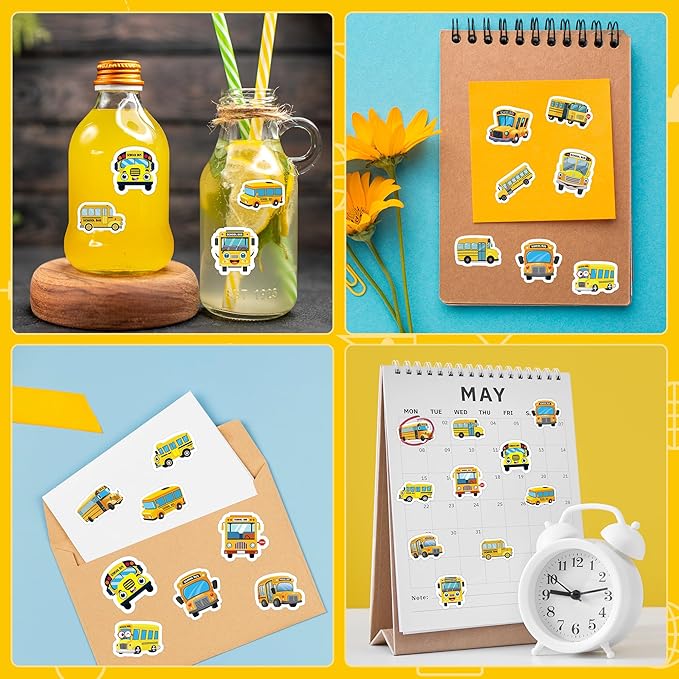 beyumi school bus roll stickers - 1000pcs school bus stickers in 2 rolls back to school waterproof vinyl cartoon transportation decals for laptop bottle notebook luggage computer classroom decor kids