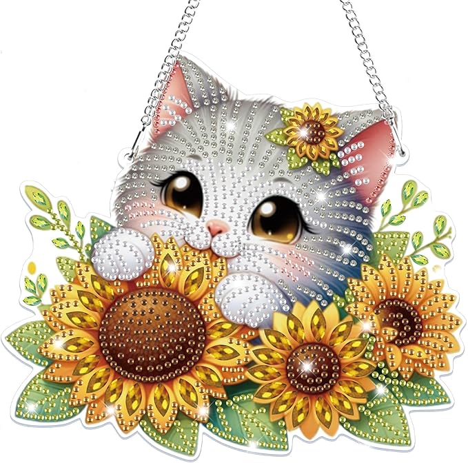 Bowetile Hanging Diamond Art Cat Kits for Adults, 5D Special Shape Diamond Painting Sunflower Kits, Animal Diamond Gem Art Suncatchers Painting Pendant Ornament for Home Garden Wall Decor