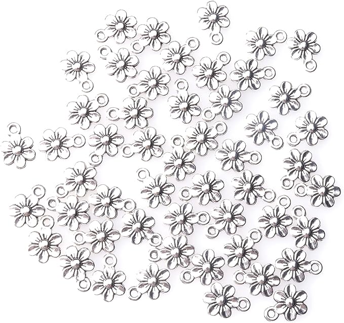 Ruwado 50 Pcs Little Flowers Charms Metal Vintage Cute Vintage Small Flower Pendants for Jewelry Making Kit Bracelet Necklace DIY Making Crafting Project Accessories Supplies (Silver)