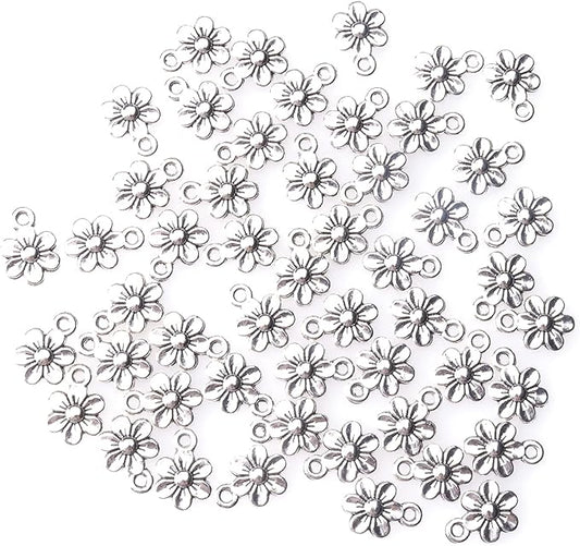 Ruwado 50 Pcs Little Flowers Charms Metal Vintage Cute Vintage Small Flower Pendants for Jewelry Making Kit Bracelet Necklace DIY Making Crafting Project Accessories Supplies (Silver)
