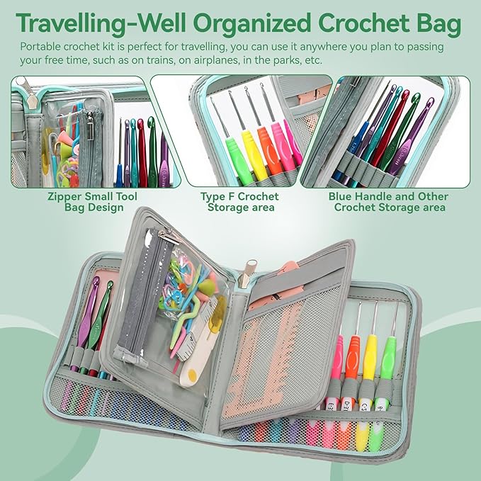 Dasonwin 60-Piece Ergonomic Crochet Hooks Set with Travel Case - Aluminum Crochet Needles Kit for Beginners & Experts, Arthritis-Friendly Design, Includes Stitch Markers & Accessories (Green)