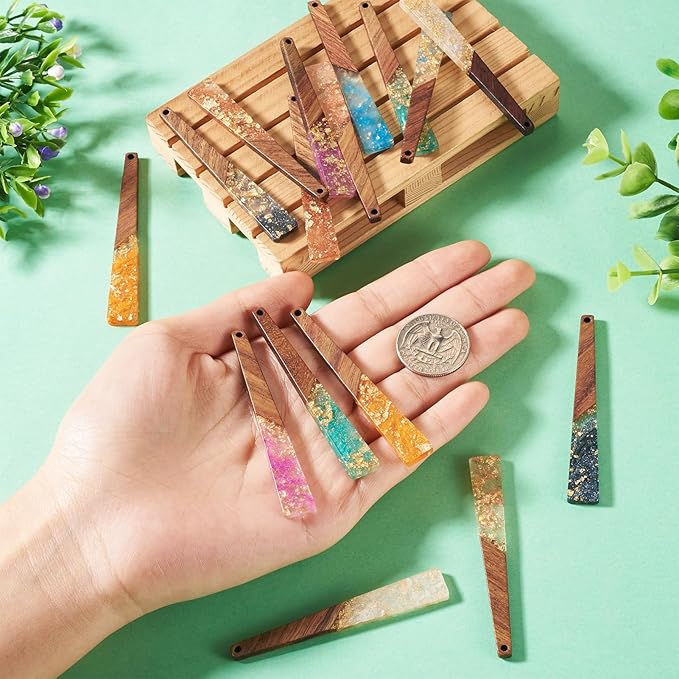 Beadthoven Colorful Resin Wood Charms for Earrings, 16Pcs/8 Pairs Glittery Silver Gold Foil Hanging Wooden Pendants Transparent Long Bar Pendants for Jewelry Making Necklace DIY Crafts