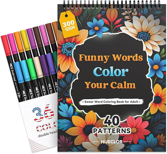 HUECLOR 300GSM Thickness Swear Word Adult Coloring Book for Women Relaxation with 36 Markers and 40 Spiritual Patterns Spiral Bound Calming Color Books No Bleeding for Female Male Teen Stress Relief