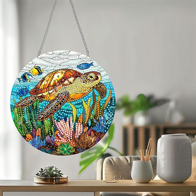 Bimkole Sea Turtle Diamond Art Hanging Kit for Adult, DIY 5D Diamond Art Animal Window Pendant, Acrylic Crystal Art Hanging Ornament Home Wall Garden Front Door Sign Outdoor Decor 7.8x7.8 Inch