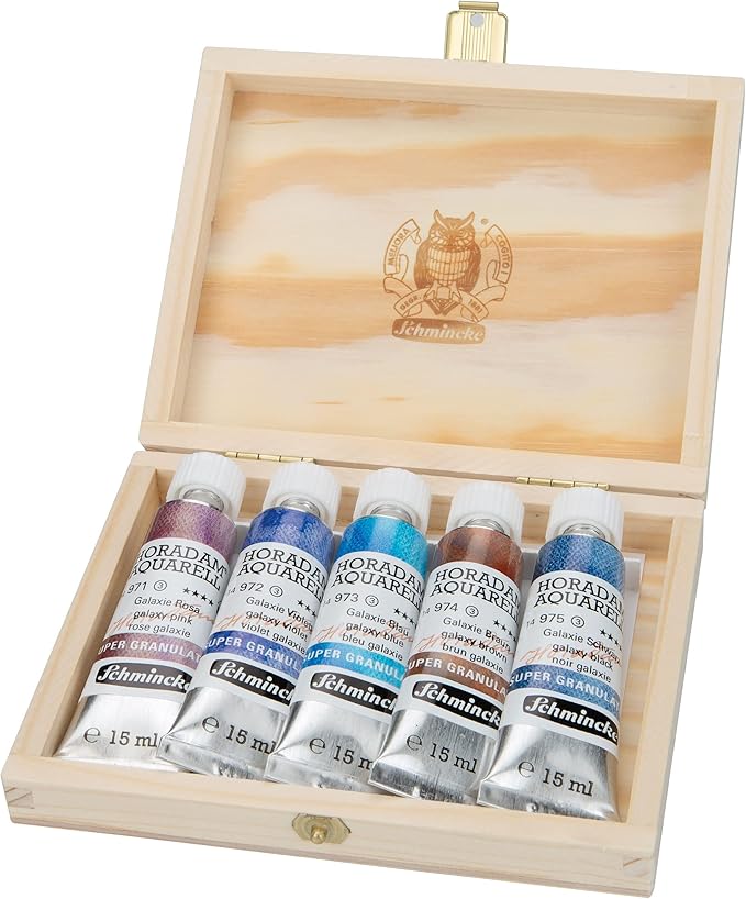 Schmincke - HORADAM® AQUARELL, Super- Granulation Set Galaxy, 5 x 15 ml tubes, 74 842 097, wooden box, very strong granulating colors, finest, supergranulating watercolors
