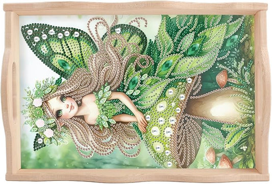 DIY Diamond Art Tray with Handle Diamond Art Painting Plate Creative Design Handmade Wooden Tray Mosaic Making Kits by Number Kit Diamond Art for Coffee Living Room Home Organizer (Green Mushroom Elf)