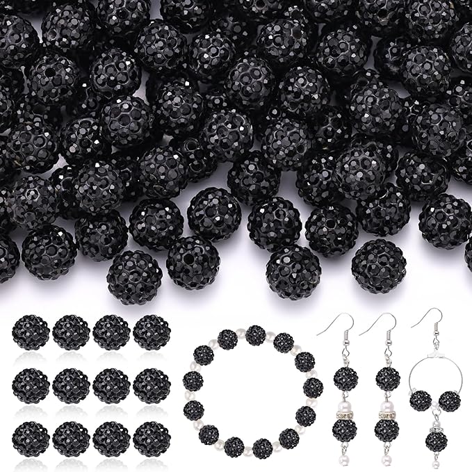 120pcs 10mm rhinestone beads for jewelry making, black shiny round shamballa disco ball beads bulk, sparkle crystal clay christmas for bracelet baseball necklace earring crafting and diy