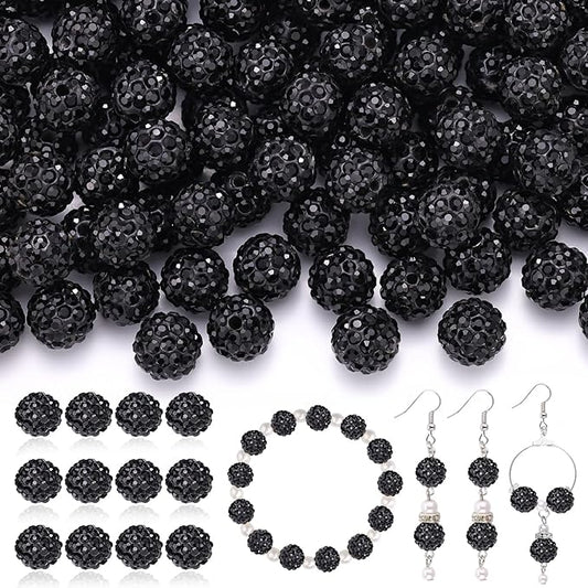120pcs 10mm rhinestone beads for jewelry making, black shiny round shamballa disco ball beads bulk, sparkle crystal clay christmas for bracelet baseball necklace earring crafting and diy