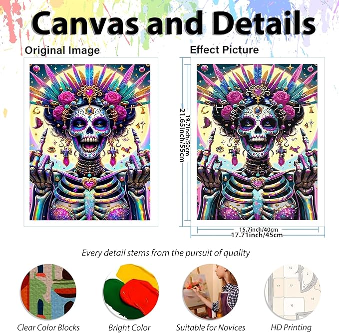 hkejoi Skeleton Paint by Numbers Kit for Adults Beginners, Skull Paint by Number for Adults, Painting by Number DIY Crafts Acrylic for Gift Home Decor 16x20 in