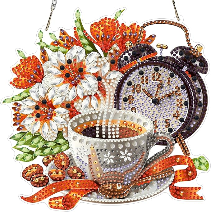 MXJSUA Flowers Coffee Clock Diamond Painting Art Window Suncatchers, Diamond Art Kits for Adults Hanging Ornaments with Chain, 5D Special Shape Crystal Diamond Pendant Accessories for Decor Gift