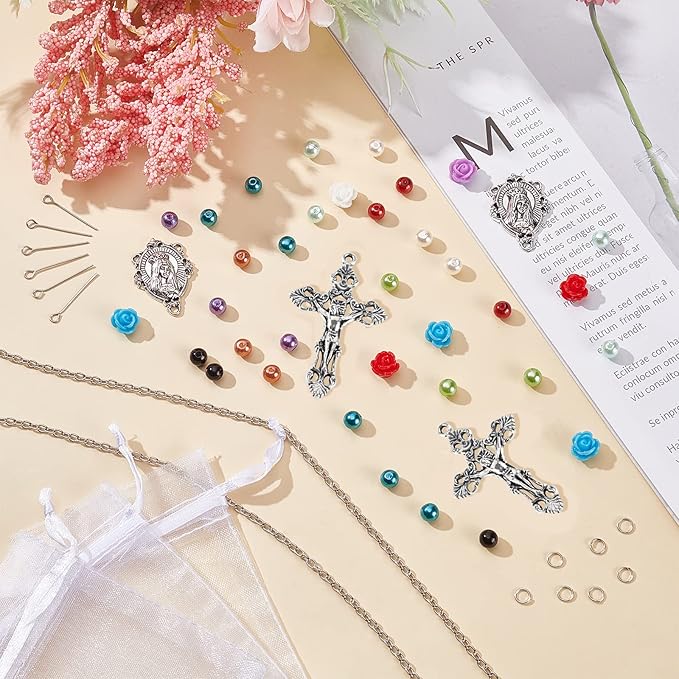 PH PandaHall Rosary Necklace Making Kit Rosary Prayer Jewelry Making Supplies First Communion Necklace Set Pearl Beads Cross Beads Kit for Easter Eid Mubarak Ramadan Bracelets Necklaces