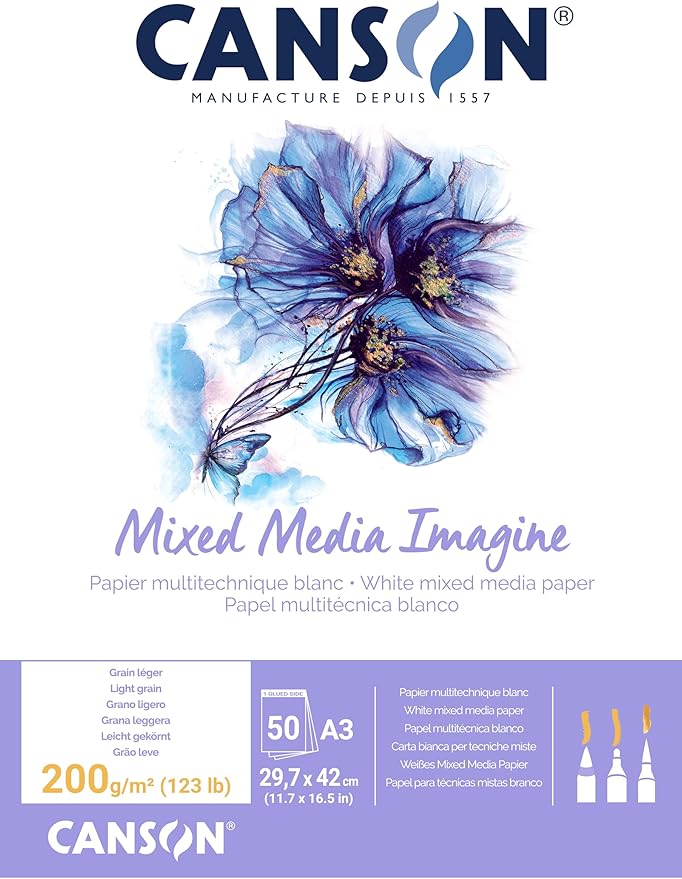 Canson Imagine Mixed Media 200gsm Paper, Natural White, A3 pad Including 50 Sheets