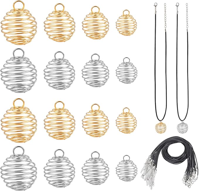 PH PandaHall 72pcs Spiral Bead Cage Pendants Set 48pcs 4 Sizes Iron Stone Holder Cage Necklace Pendants with 24pcs Leather Cord for Jewelry Making Crafting, 9/15/25/30mm