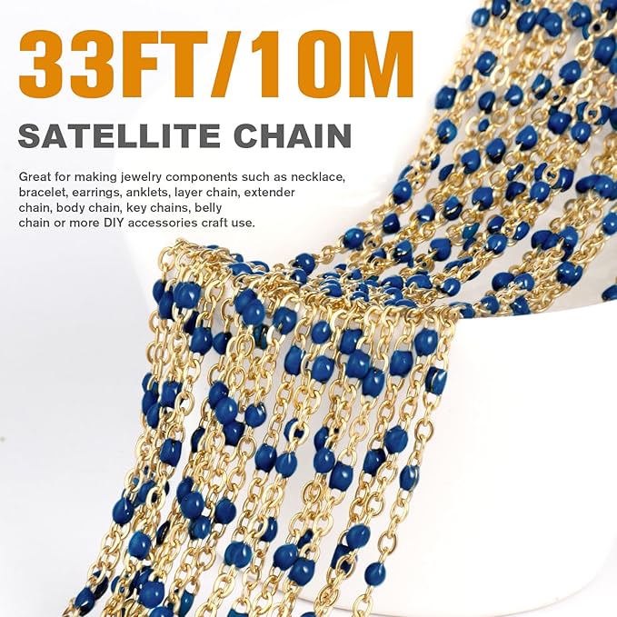33 Feet Gold Enamel Chains Bulk, 2mm 18K Gold PVD Plated 304 Stainless Steel Navy Blue Enamel Beaded Cable Link Chain Roll Spool for Jewelry Making