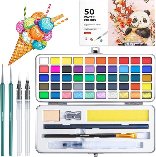 watercolor paint set with 100 rich colors,professional travel art kit with 7 brushes, 8 papers, palette & accessories,includes metallic & fluorescent paints,art supplies for artists, adults & hobbyists (50 unique colors)