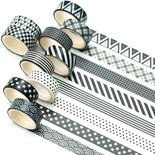 Basic Washi Tape Set 10 Rolls Black White Decorative Dot & Grid Masking Tapes for Journals, Planners, Scrapbooking, Gift Wrapping, DIY Crafts