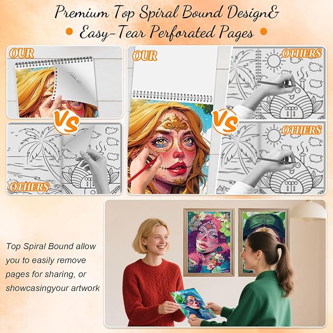 Sugar Skull Women Coloring Book for Adult Women Relaxation, Spiral Bound Printed On One Side, Adult Crafts, Relaxation Gifts, Thick Paper Non-Bleed