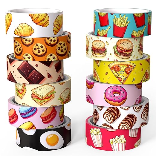 12 Rolls Cute Food Themed Washi Tape Set, Cartoon Yummy Dessert Decorative Tape Macarons Colorful Masking Tape for Journaling Supplies, Junk Journal, Scrapbooking, DIY Arts & Crafts Supplies