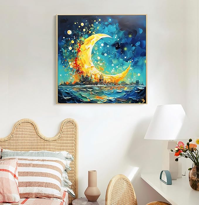 Framed Paint by Numbers Kit for Adults Beginners & Kids Ages 8-12, Sea and Moon Acrylic Easy Paint by Number with Frame, Watercolor Paint by Number Kits on Canvas Framed (10 * 10 Inch, without Easel)