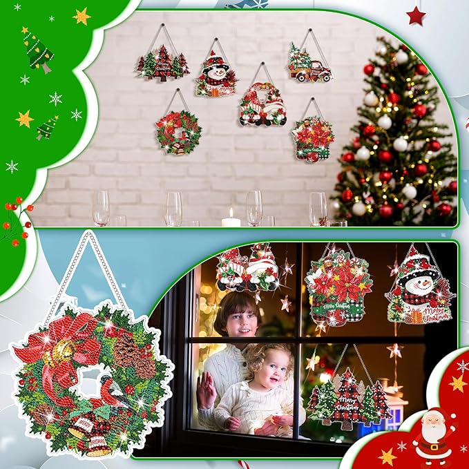 Zonon 6 Pcs Christmas Diamond Painting Hanging Sign Set 5D Gnome Snowman Diamond Art Set for Adults DIY Art Pendant Ornaments Kits Acrylic Christmas Tree Wreath Truck for Wall Window Decor