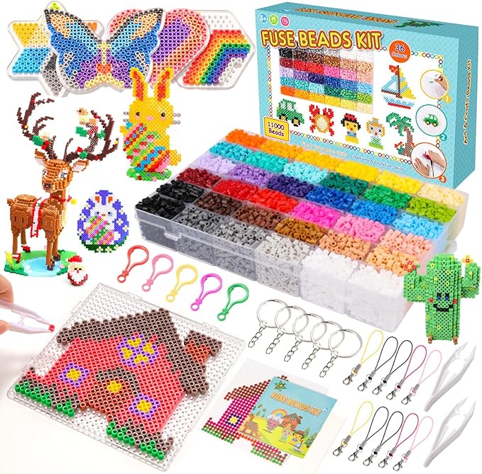 meland fuse beads kit - 11,000 pcs 36 color beads for craft for girls age 5-12 year old,5mm melty beads set including 5 pegboards, ironing paper & chain accessories iron beads christmas birthday gift