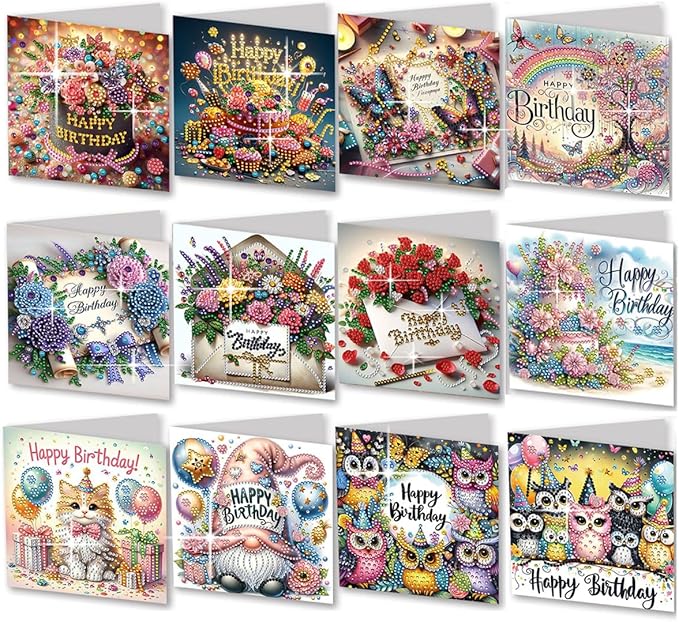 12 Packs Diamond Art Cards Kit, Diamond Painting Greeting Cards with Envelopes, DIY Card Making Kits for Adults, Gifts for Families, Friends, Partners (Birthday)