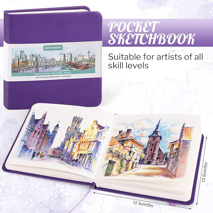 Hardcover Pocket Sketchbook, 5" x 5" Square Mini Sketchbook, 98lb/160gsm Heavyweight Tiny Sketch Book, 80 Sheets Small Travel Drawing Journal for Adults, Artist, Ideal for Gift (Purple)