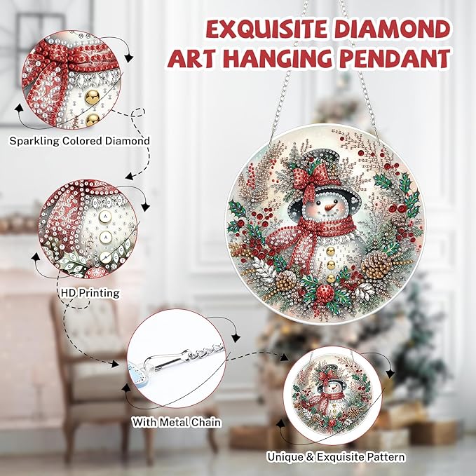 Bowetile Christmas Diamond Art Hanging Kits for Adults, Diamond Art Suncatchers Snowman, 5D Special Shape Diamond Painting Pendant Window Ornament Christmas Gifts for Home Door Wall Decor