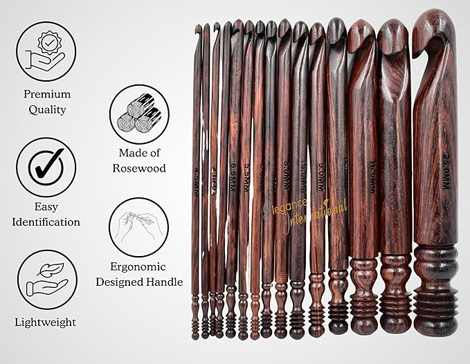 Wooden Crochet Hooks Set of 15-3.5mm to 25mm - Rosewood Crochet Hooks for Arthritic Hands- Crochet Hooks Ergonomic Soft Grip Handle - for Crocheting & Knitting - Christmas Gifts for Her(Set of 15)