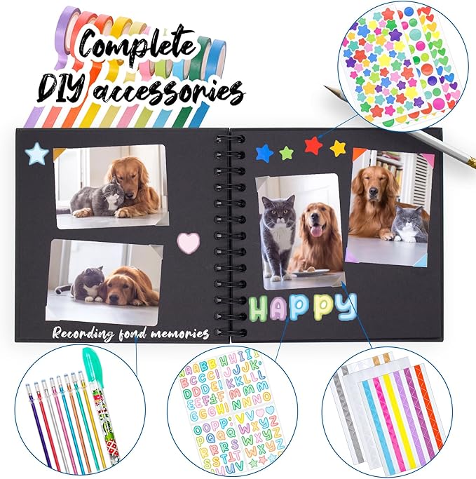 Kid Scrapbook DIY Photo Album Hard Cover Scrapbook Kit for Kids Instant Camera Print Paper with DIY Accessories (Brown)