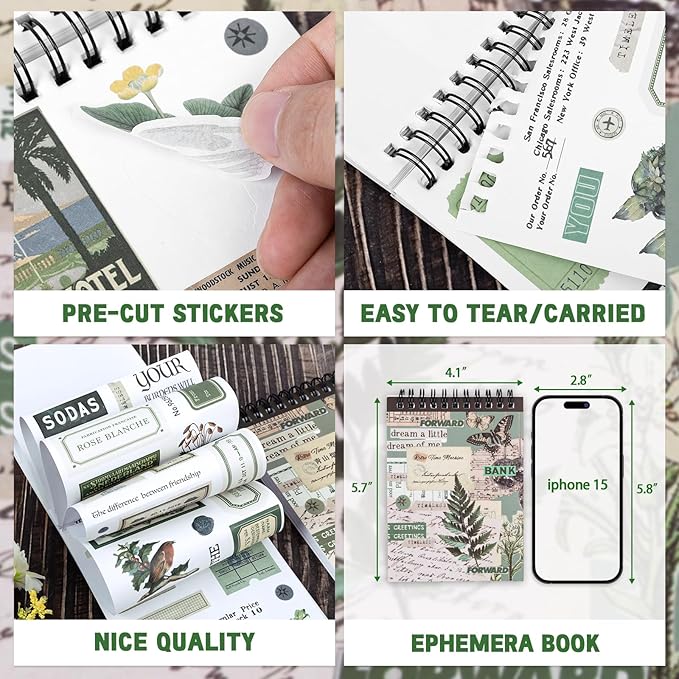 Green Vintage Washi Journaling Sticker Book, 476PCS Botanical Washi Tape Stickers, Scrapbooking Supplies for Junk Journal Supplies Crafts Arts, Planner, DIY Craft