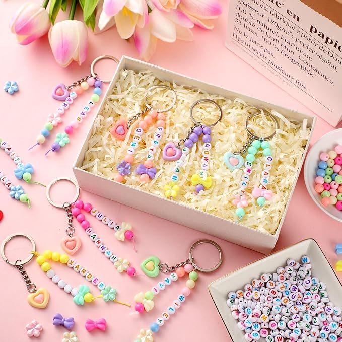 Landical 564 Pcs Bow Heart Keychain Making Kit DIY Mother's Day Bead Key Chain Craft Adjustable Name Beads String Mom Gift Easter Pastel Jewelry Backpack Accessories Holiday Party Favor(Candy Color)