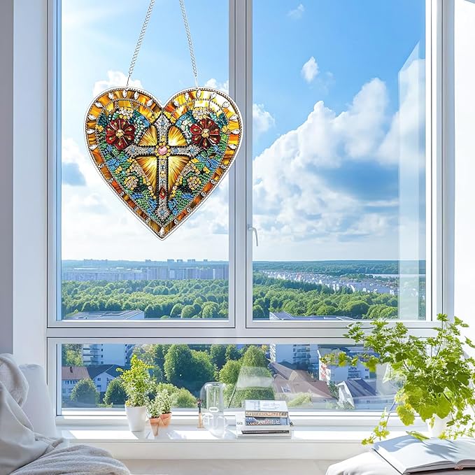 KEYIFA Diamond Painting Hanging Heart Shape Cross 3D Diamond Art Kits, Special Shaped Rhinestone Diamond Dots Kit for Adults Beginner, DIY Art Craft for Window Wall Door Decor, Double Sided