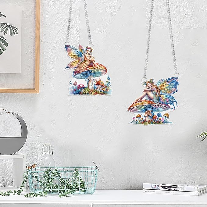 LazyFold 2PCS Diamond Art Hanging Pendant Kits for Adults, Mushroom Fairy DIY 5D Special Shape Diamond Art Painting Pendant Kits,Gem Art Suncatchers Painting Ornament for Home Garden Wall Decor Gift