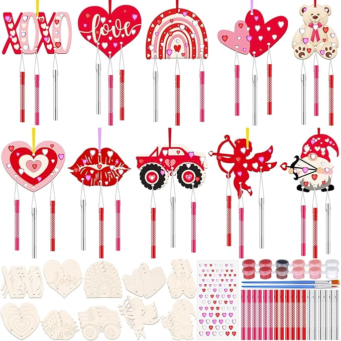 JellyArch 30 Pack Valentine's Day Crafts for Adults, Heart Wind Chime Making Kit Make Your Own Wind Chime Wooden Ornaments for DIY Crafts Activity Birthday Decoration