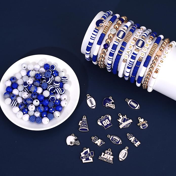 2200PCS+ Game Day Beads Charms for Bracelet Making Polymer Clay Beads Crystal Pearl Letter Gold Spacer Beads Football Charms for Game Day Bracelet Necklace Making DIY Crafts