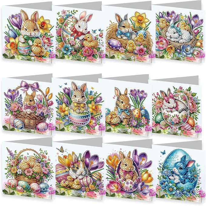 YOKUSHI 12 PCS Easter Diamond Art Painting Greeting Cards, Rabbit Craft DIY Card Making Kits for Adults Gifts (Easter)