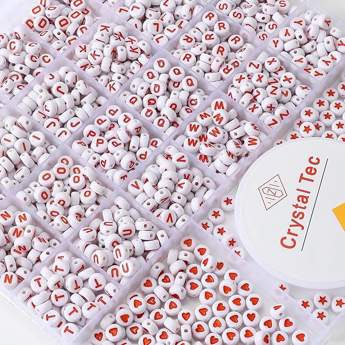 nikkiGuo 1250pcs 4x7mm White Round Acrylic Alphabet Beads A-Z Heart Beads with Numbers Crystal Line for Jewelry Bracelet, Necklace and Key Chains (Orange White Color)