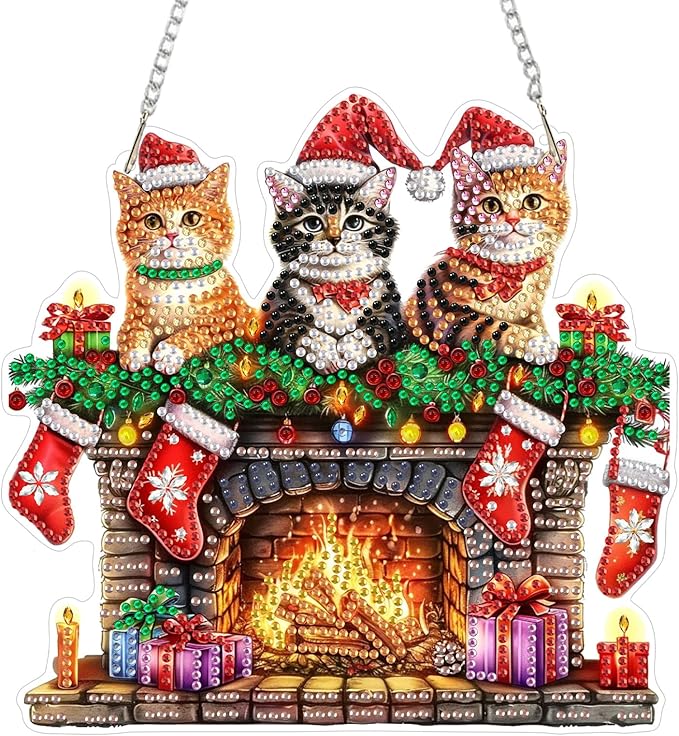 SENQAO Cat Diamond Art Hanging Kits for Adults Kids, Christmas Diamond Art Suncatchers, 5D Special Shape Diamond Painting Pendant Window Ornament Gifts for Home Garden Door Wall Decor