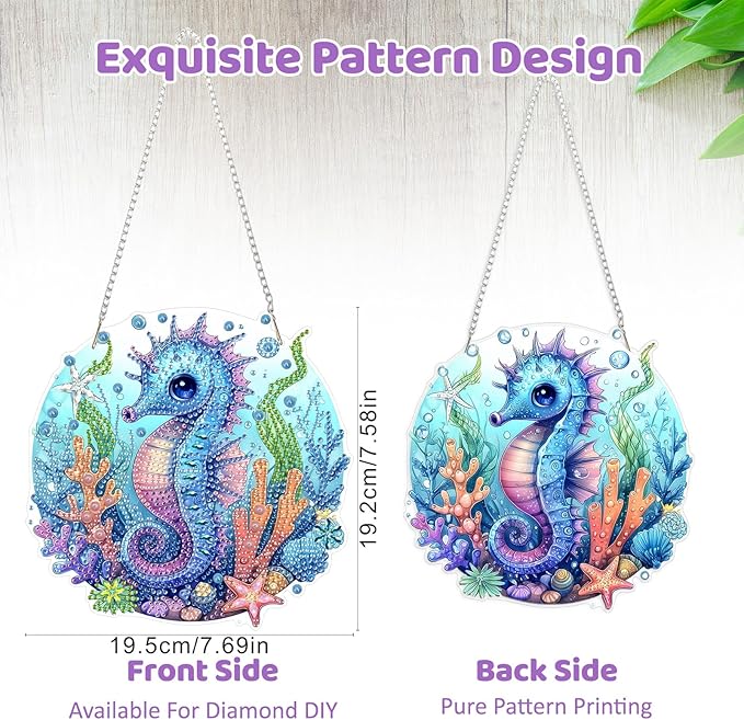MEIYUDA Seahorse Diamond Art Hanging Kits for Adult, Shell Starfish Seahorse Diamond Painting Hanging Kits Ornaments, DIY Special Shaped Rhinestone Window Pendants Kit for Home Garden Wall Decor Gift