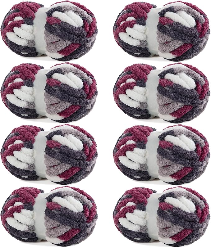 HOMBYS Chunky Tie Dye Mix Chenille Yarn for Hand Knitting, Super Bulky Jumbo Yarn for Crocheting, 3/4" Thick Soft Plush Yarn for Blankets, 8 Skein Pack (26 yds / 7.5 oz Each) Wine Red Grey White