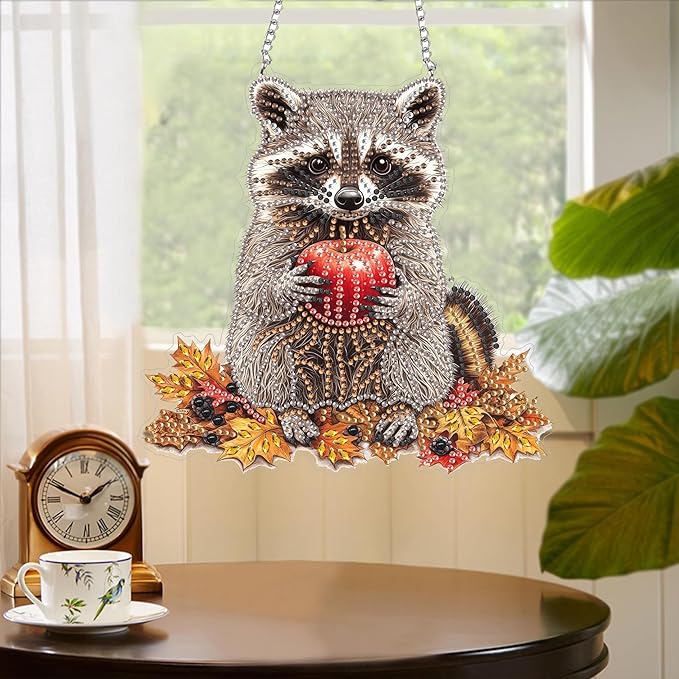 Yomiie Raccoon Animal Sun Catcher Window Hanging - DIY Double Sided Diamond Painting Pendant Kits for Adults, 5D Acrylic Diamonds Art Ornament for Indoor/Outdoor Garden Home Autumn Decor (8x8 inch)