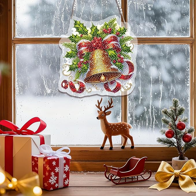 EMIEAUFG Christmas Diamond Art Hanging Kit for Adult, Xmas Bell Diamond Art Pendants, Double Sided Acrylic & 5D Special Shaped Rhinestone, Christmas DIY Ornament for Window Home Wall Decor
