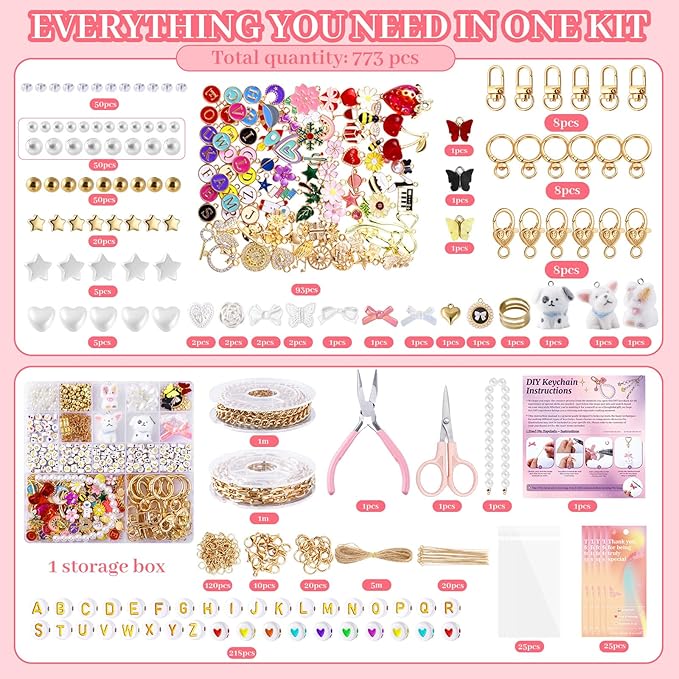 Wurosi 773 Pcs Beaded Keychain Making Kit, Bag Charm Kit, with Chains, Charms & Letter, Key Chain Hooks, Jump Rings, Manual, Gift Bgas, Storage Box & Tools, DIY Crafting and Jewelry Making for Adult