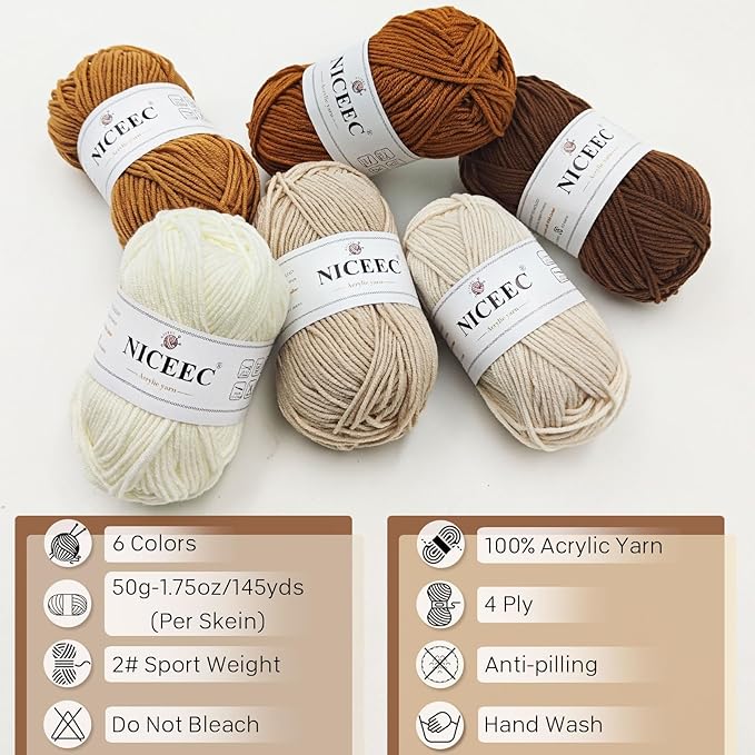 NICEEC 300g Soft Assorted Colors Yarn - Sport Weight,100% Acrylic, 4 Ply, Bonbons Yarn for Crochet & Knit, DIY Project Starter Kit for Kids or Adults(Total 870yds) - Beige