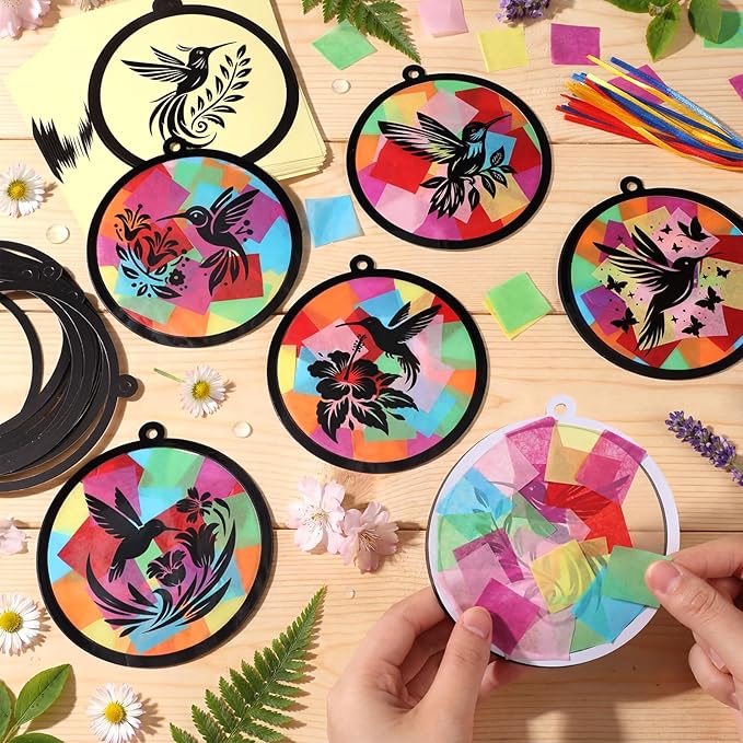 30 Pcs Spring Summer Hummingbird Suncatcher Craft Kits, Colorful DIY Stained Glass Effect Tissue Paper Art Set Bulk for Creative Group Activities Party Seasonal Decor