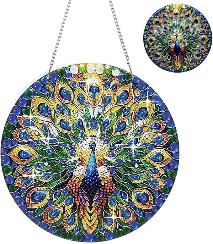 JBTM24 9.8x9.8 inch Hanging Diamond Art Pendant Kits, Double Sided Diamond Painting Hanging Sign with Chain, Special Shaped Crystal Art Ornament (Peacock)