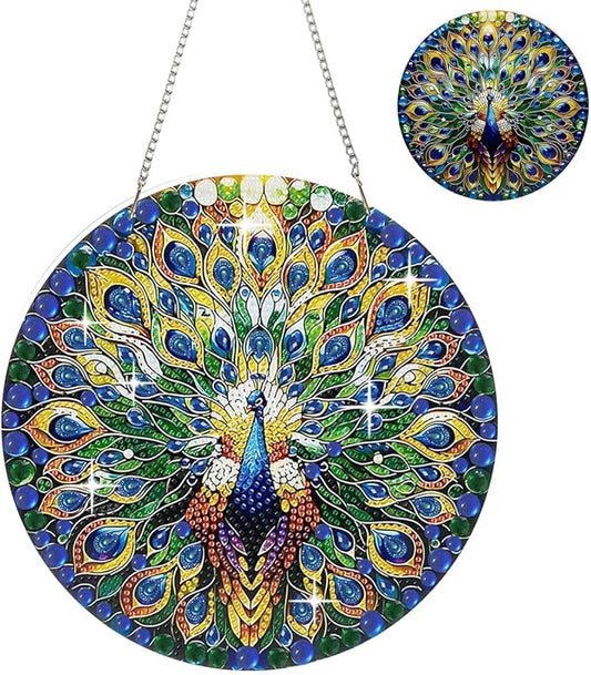 JBTM24 9.8x9.8 inch Hanging Diamond Art Pendant Kits, Double Sided Diamond Painting Hanging Sign with Chain, Special Shaped Crystal Art Ornament (Peacock)